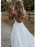Plunging Neck Ivory Lace Tulle Slit Romantic Wedding Dress